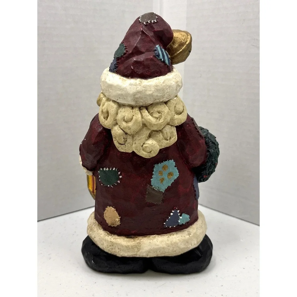 Vtg Resin Patchwork Santa Claus Holding Teddy Wreath‎ & Lantern Figurine